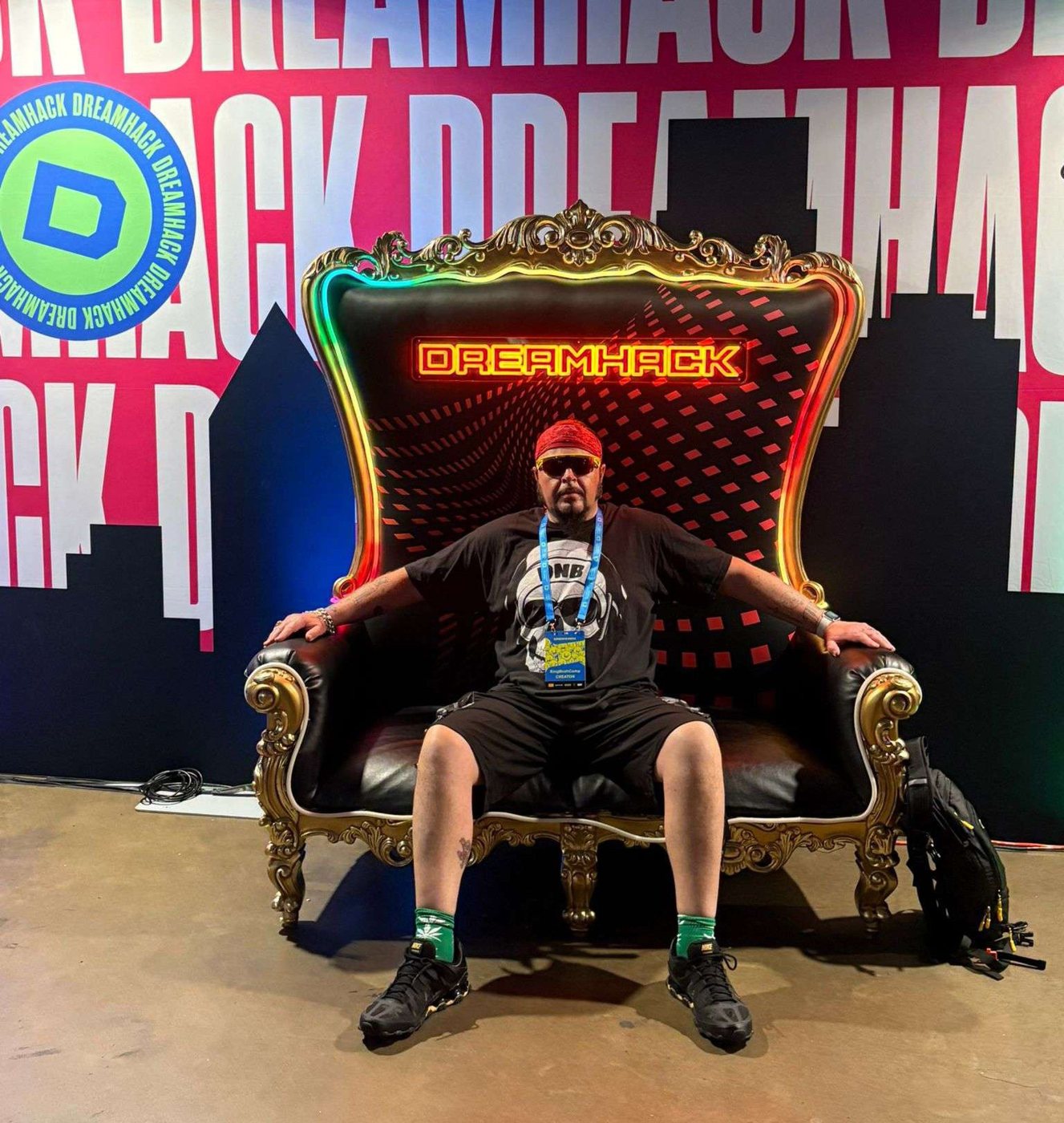 KingBushCamp sitting on the giant DreamHack throne in Dallas